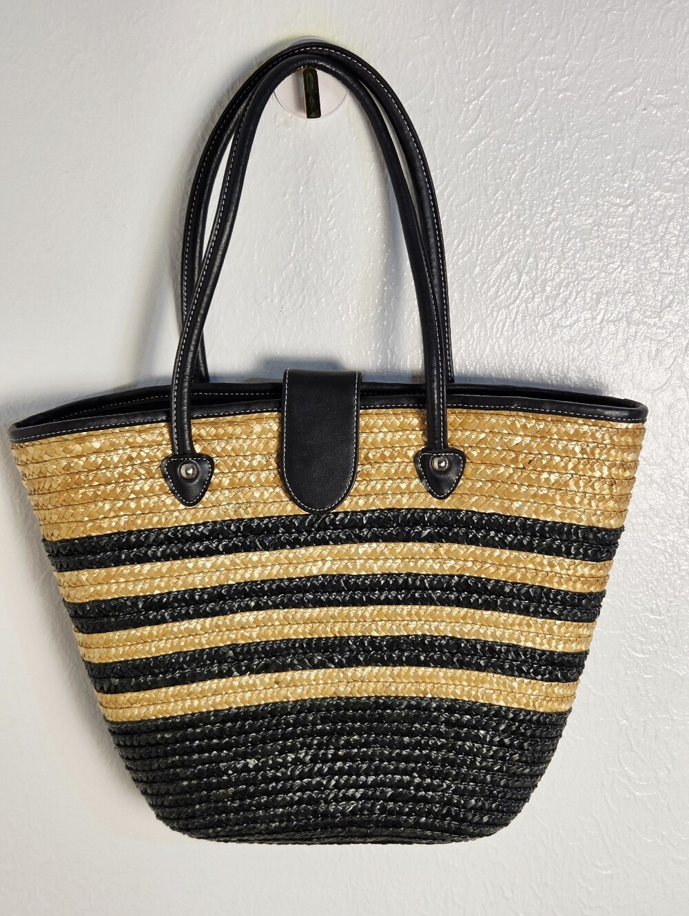 Black & Natural Straw Tote Bag with Leather Handles - Picture 2 of 8